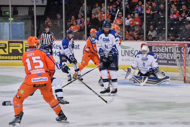 Mathieu Roy scores for Sheffield Steelers.
Picture: Dean Woolley.