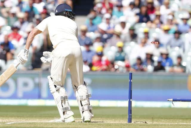 LAST MAN OUT: England's Jonny Bairstow is bowled to see Australia win by 120 runs in the second Ashes Test at the Adelaide Oval . Picture: Jason O'Brien/PA