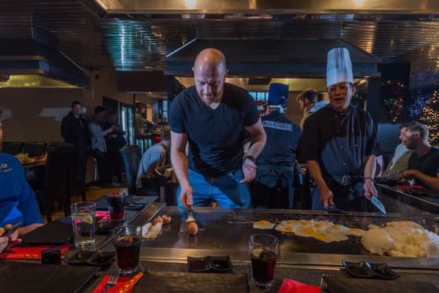 Yorkshire's first-team coach Andrew Gale cooks up a storm for his players as part of a team-building Japanese cookery exercise against the chefs at top Leeds restaurant, Teppanyaki. Picture: James Hardisty