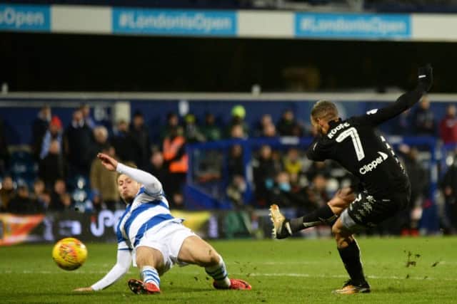 Kemar Roofe completes his hat-trick as Leeds United won 3-1 at Queens Park Rangers (Picture: Bruce Rollinson).