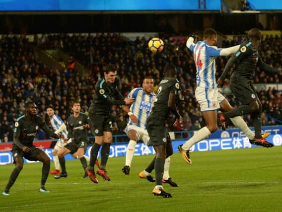 Steve Mounie gets his head to a corner, but no goal was forthocming. Picture: Bruce Rollinson