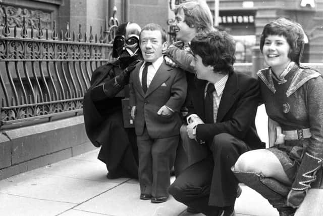 Anthony Daniels, Kenny Baker and Mark Hamill after the premiere of Star Wars in Manchester in January 1978