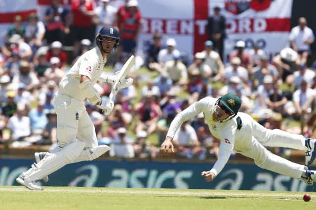 England's Stuart Broad hits a shot past Australia's Cameron Bancroft   during day two of the Ashes Test match at the WACA Ground, Perth.