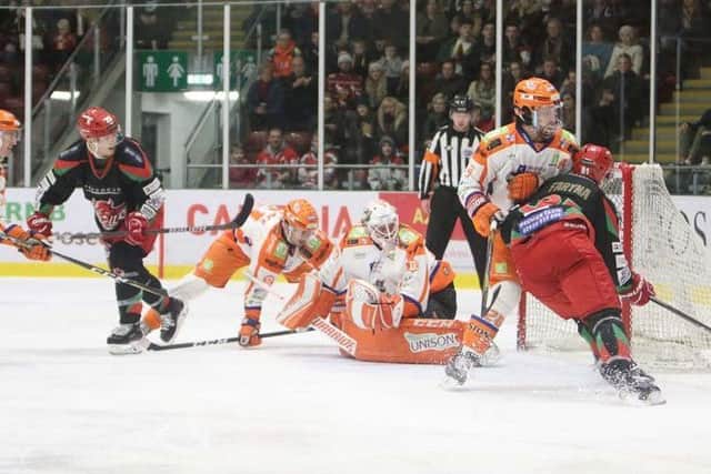 Ervins Mustukovs can only watch as the puck flies past him into the net at Cardiff on Saturday night. Picture courtesy of Helen Brabon/EIHL.