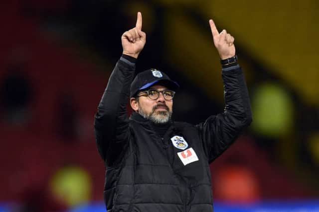 ON THE UP: Huddersfield Town manager David Wagner celebrates victory at Vicarage Road. Picture: Daniel Hambury/PA