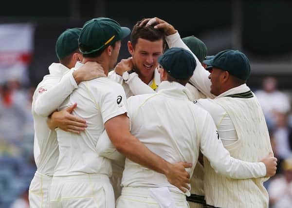 Australia's Josh Hazelwood celebrates the wicket of England's Jonny Bairstow during day five at the WACA Picture: Jason O'Brien/PA
