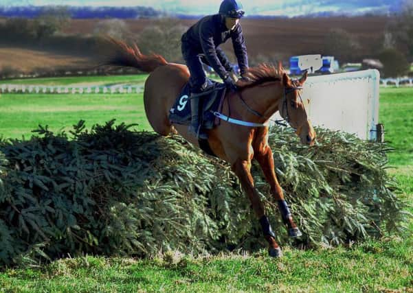 Danny Cook schools Definitly Red over a replica Grand National fence at Malton.