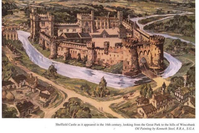 Kenneth Steel's oil paintiing of what Sheffield Castle would have looked like in th 16th century