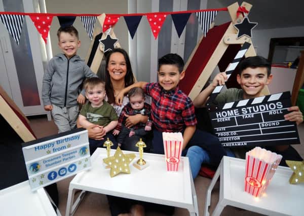 Mum Tara Bailey,  whose business Dreamee Teepee Slumber Parties is booming. She set it up earlier this year after quitting her teaching career to cope with her children's increasing medical needs. Pictured with sons from left, Xander, Emilio, Tiago, Rico and Kaeden.
19th December 2017.
Picture Jonathan Gawthorpe