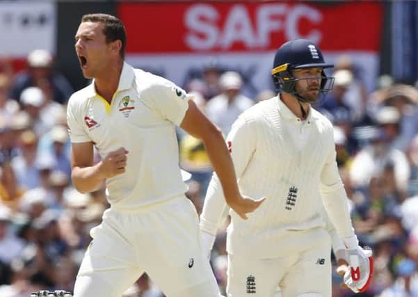 Australia's Josh Hazelwood celebrates the wicket of Mark Stoneman during day four of the Ashes Test match at the WACA Ground, Perth..