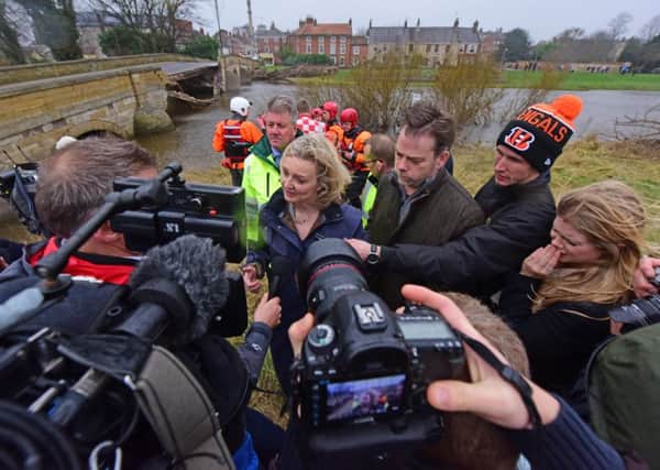 Elizabeth Truss, the then Environment Secretary, visits Tadcaster after the town's bridge collapsed two years ago.