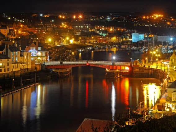 Whitby harbour at night.