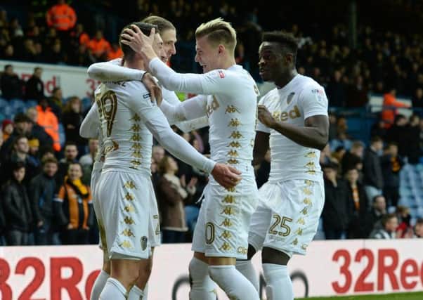 Pablo Hernandez, left, is congratulated after scoring what proved the only goal of the game as Leeds United defeated Hull City (Picture: Bruce Rollinson).