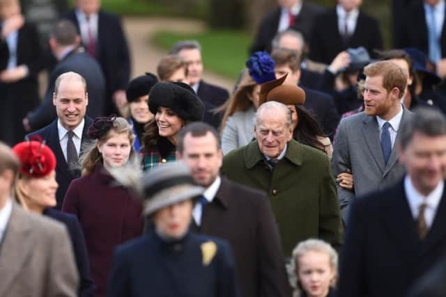 (Left-right centre) The Duke and Duchess of Cambridge, the Duke of Edinburgh, Meghan Markle and Prince Harry. Picture: Joe Giddens/PA Wire