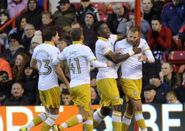 Sheffield Wednesday's players celebrate Jordan Rhodes' goal from the penalty spot Picture: Steve Ellis