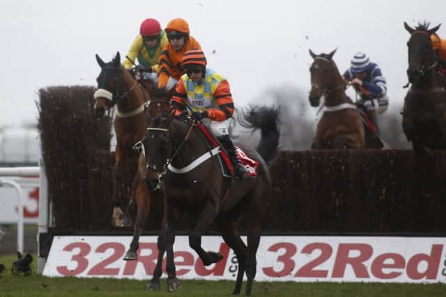 Might Bite ridden by Nico de Boinville clear an early fence before going on to win The 32Red King George VI Steeple Chase.