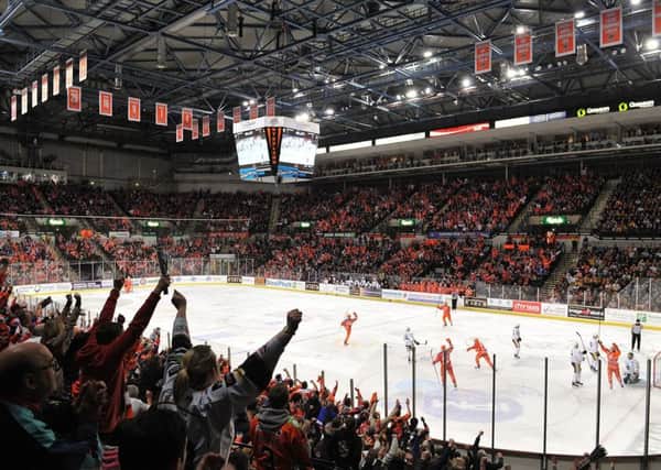 Sheffield Arena erupts after Sheffield Steelers score against Nottingham Panthers on Boxing Day. Picture: Dean Woolley.