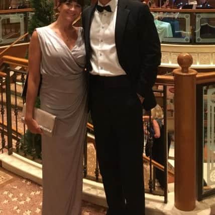 Laura Ashurst  with husband Paul on the Queen Victoria Cruise ship  celebrating their 25th anniversary.