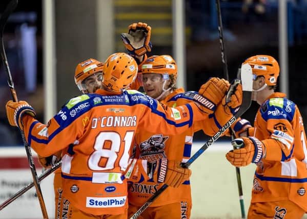 GET IN: Sheffield Steelers' celebrate scoring at the NIC in their 5-0 win against Nottingham Panthers. Picture: Panthers/EIHL