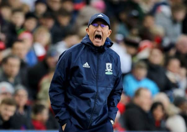 Middlesbrough manager Tony Pulis barks out his instructions from the touchline at the Riverside against Aston Villa. Picture: Richard Sellers/PA