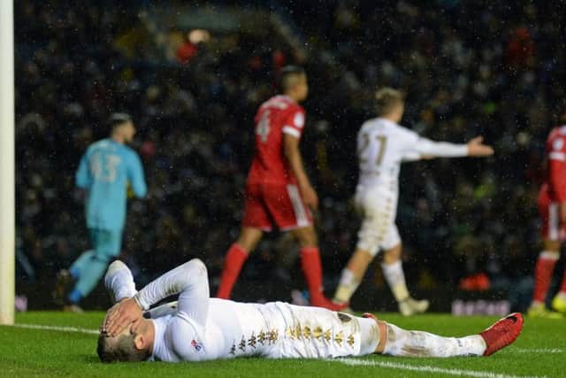 NO GO: Leeds United's Pierre-Michael Lasogga shows his frustration in Monday's 0-0 draw with Nottingham Forest. Picture: Bruce Rollinson.