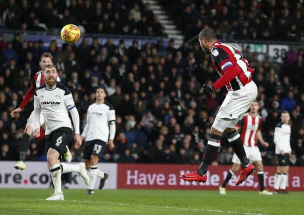 Sheffield United's Leon Clarke heads the equaliser against Derby County at Pride Park (Picture: Simon Bellis/Sportimage).