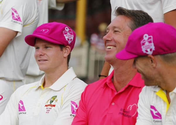 Relaxed: Glenn Mcgrath sits alongside Australia captain Steve Smith ahead of the 'Pink Test' which will raise funds for a women's cancer charity.