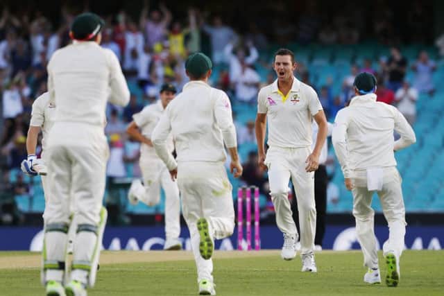 Oh no: Australia's Josh Hazelwood celebrates the wicket of England's Jonny Bairstow.