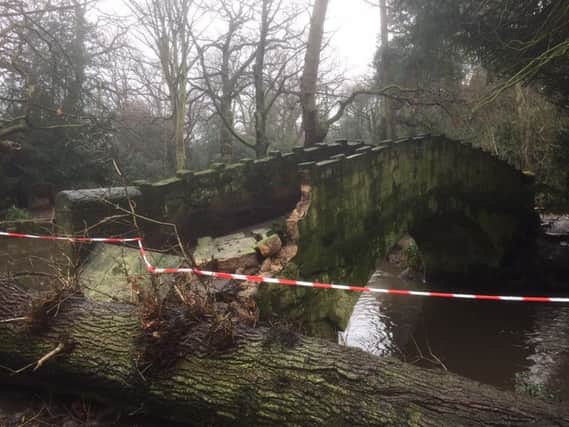 Damage caused to the bridge in Meanwood Park after a tree was blown over during Storm Eleanor. Picture: Meanwood Valley Partnership
