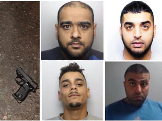 (Clockwise from top left) Umar Mahmood, Ali Adnam Khan, Ikhlaq Hussain and Kyle Stewart, who were jailed after a gun was thrown from car pursued by police.