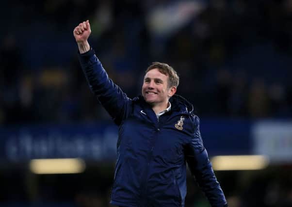 Flashback to January 2015 as then Bradford City manager Phil Parkinson celebrated his side's FA Cup win at Chelsea (Picture: John Walton/PA Wire).