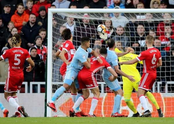 Sunderland's Tyias Browning sees his header saved by Middlesbrough goalkeeper Darren Randolph.