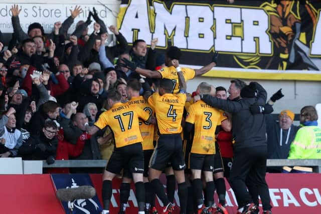 Shawn McCoulsky takes the crowd's adulation after scoring the winner for Newport County against Leeds United (Picture: David Davies/PA Wire).