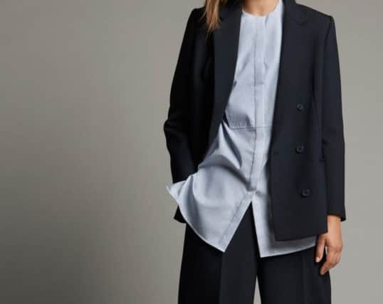 Double-breasted blazer, collarless shirt and wide-leg tailored trousers, all coming to Marks & Spencer for spring.