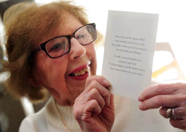 Edna Levi pictured with the card from Prince Harry and Meghan Markle, marking their engagement, Moortown, Leeds.. 9th January 2018 ..Picture by Simon Hulme
