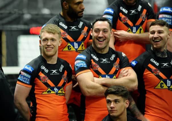 Cory Aston, left, with his new club-mates at Castleford Tigers media day held on Tuesday (Picture: Jonathan Gawthorpe).