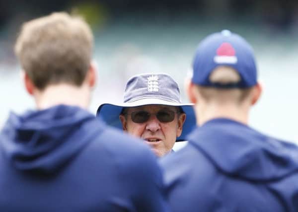 England head coach Trevor Bayliss addresses the England players at Adelaide last year. Picture: Jason O'Brien/PA