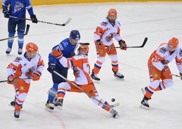 OPENING FRIGHT: Sheffield Steelers' Andreas Jamtin tries to get to grips with a Nomad Astana opponent during Friday night's 5-1 loss in the Continental Cup final. Picture: Dean Woolley.
