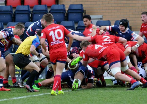 Doncaster Knights score a push over try against Bristol  in the B and I Cup.