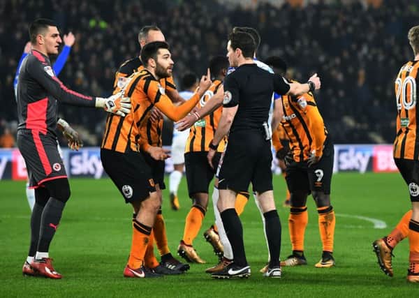 Hull's Jon Toral pleads with the referee after his first half goal was disallowed. Picture Jonathan Gawthorpe