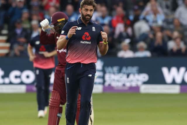 England's Liam Plunkett celebrates taking the wicket of West Indies' Shai Hope  during the Third Royal London ODI at Bristol County Ground.