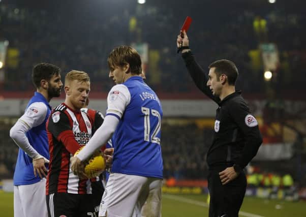 Glenn Loovens of Sheffield Wednesday receives a red card during the Championship match at Bramall Lane Stadium, Sheffield. Picture date 12th January, 2018. Picture credit: Andrew Yates/Sportimage