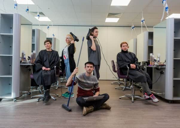 The cast and creators of Jane Hair, pictured at Bradford College Hair Salon. From left: Writer Kirsty Smith,, Kat Rose-Martin - writer and Emily, Ryan Graves as Branwell, Rosie Fox as Anne, and Jeanette Percival, as Charlotte. 
Picture James Hardisty.