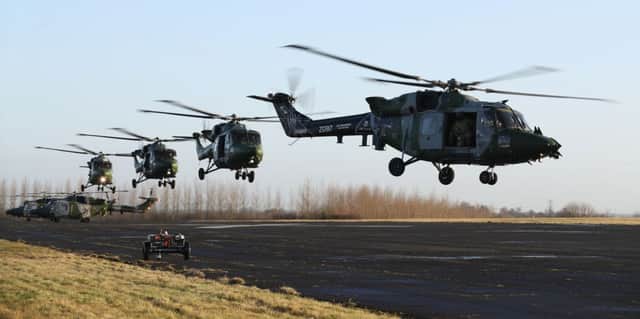 Four of the Army Air Corps' last remaining Lynx Mk9 helicopters from 657 Squadron take off from RAF Odiham in Hampshire as they begin a commemorative tour to mark the helicopter's decommissioning from Army service.
