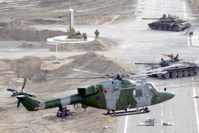 A Mark 7 Lynx helicopter from 3 Reg Army Air Corps, 16 Air Assault Brigade on a combat patrol, over Basra, Iraq