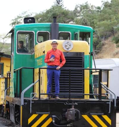 Michael Portillo at Virginia and Truckee Railroad, Virginia City. PA Photo/BBC/Boundless.