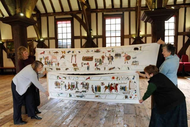 Embroiderers working on the Battle of Fulford tapestry at the    Merchant Adventurers Hall in York l to r... Mary Ann Dearlove, Diane Pavey,  Sheila Armstrong and Dorrie Worrall.
