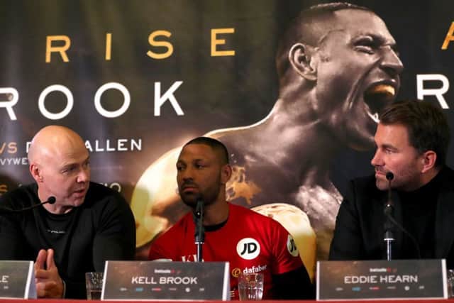 Dominic Ingle (left), Kell Brook (centre) and Eddie Hearn (right) during the press conference at Sheffield Town Hall.