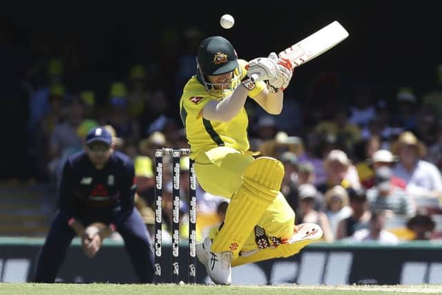 Australia's David Warner gets hit on the head by the ball in Brisbane. Picture: AP/Tertius Pickard.