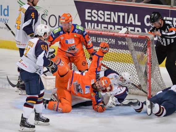 DON'T GIVE UP: Mathieu Roy begins to celebrate his first and Sheffield Steelers' second goal of the night after forcing the puck home in the 19th minute. Picture: Dean Woolley